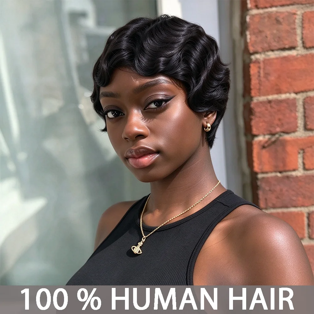 Women's Brazilian Virgin Human Hair Wig, Featuring A 4-Inch Finger Wave Pixie Cut In A Deep Ocean Wave Style A Elastic Cap