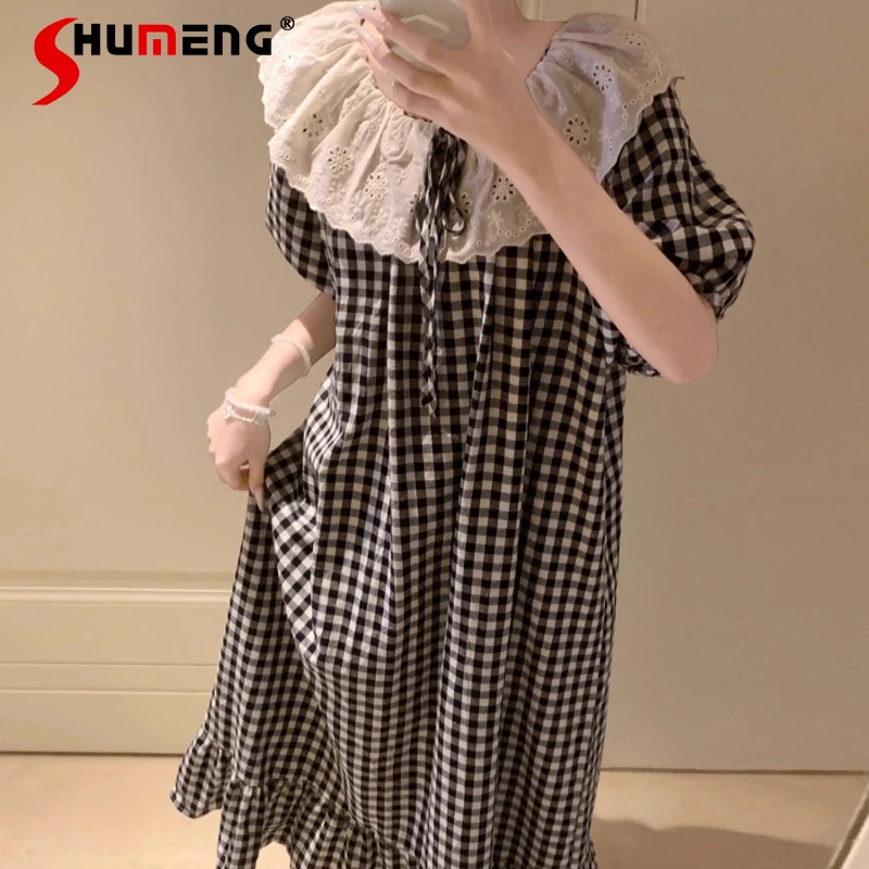 

Korean Style Plaid Cotton Linen Nightdress for Women Summer Short Sleeve Sweet Sleepshirts Lady Ruffle Round Neck Nightgown