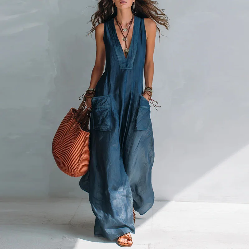 Greenora Solid Sleeveless Deep V Neck Jumpsuit Women Loose Big Pockets Breathable Summer Travel Bohemian Casual Wide Leg One Pie