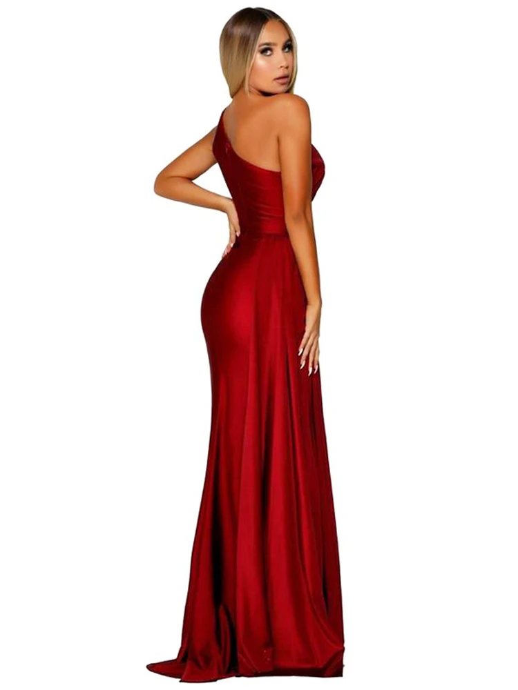 Hollow Out Satin Maxi Dress One Shoulder Side Split Long Ribbon Evening Party Dress Gown