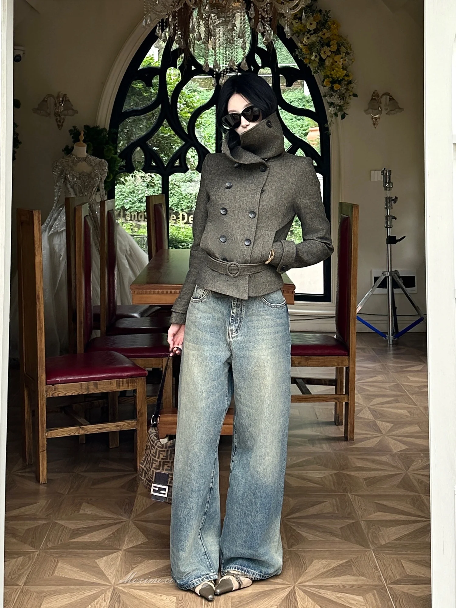 

Женское шерстяное пальто MoXi с высоким воротником, двубортное, с поясом, повседневное, модное, для офиса