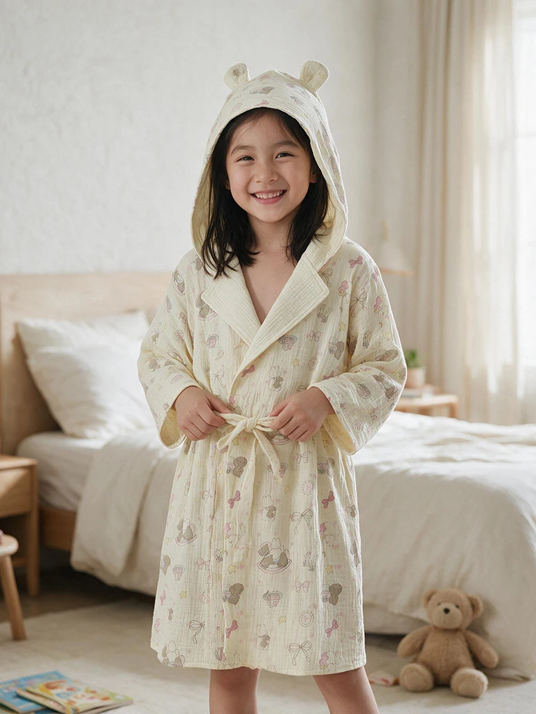 children's-pure-cotton-four-layer-muslin-bathrobe-cartoon-print-hooded-belted-home-clothes-nightgown-soft-moisture-wicking