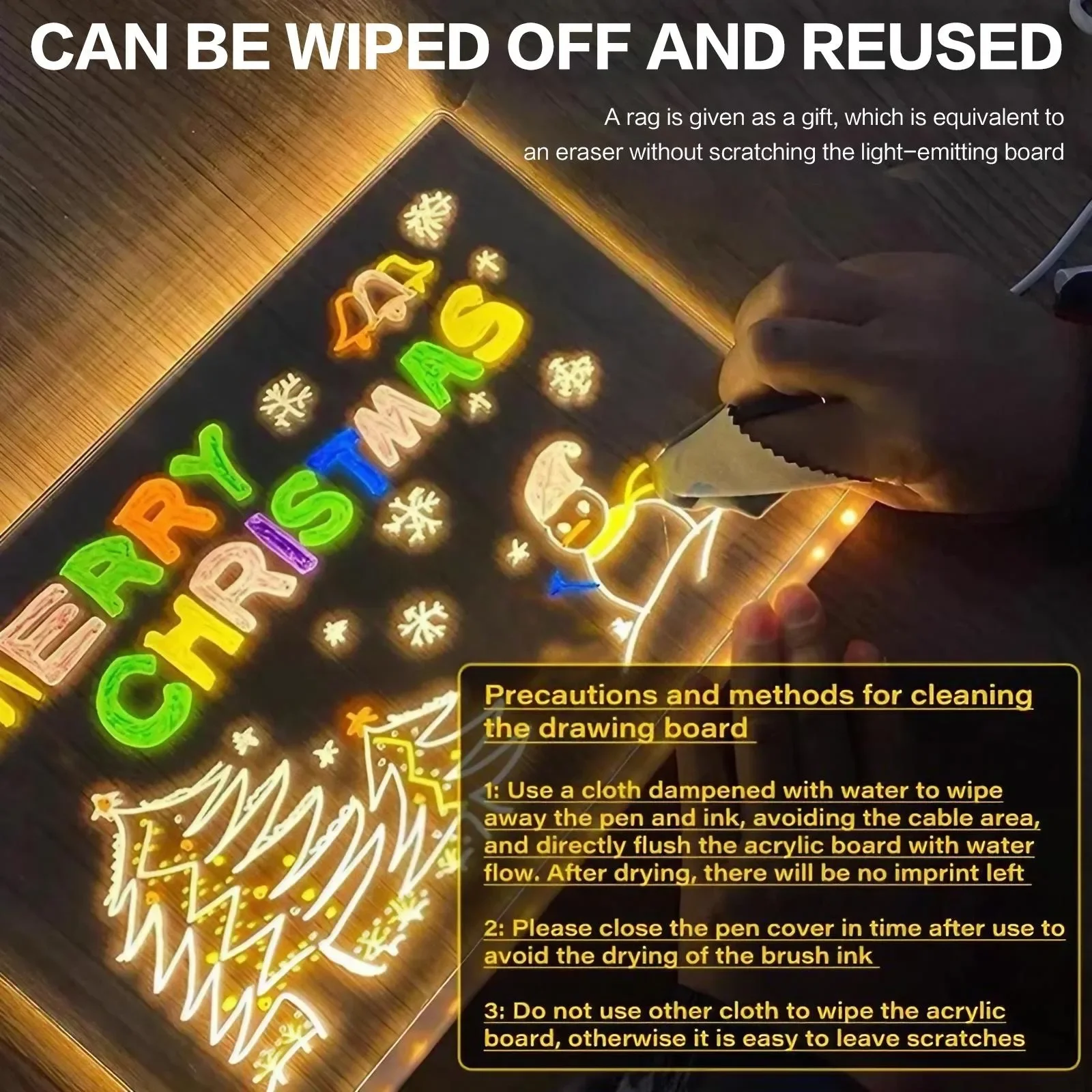 لوحة رسائل مضيئة بإضاءة LED من الأكريليك، سبورة بيضاء قابلة للمسح، 7 أقلام للإعلان المكتبي لديكور المنزل