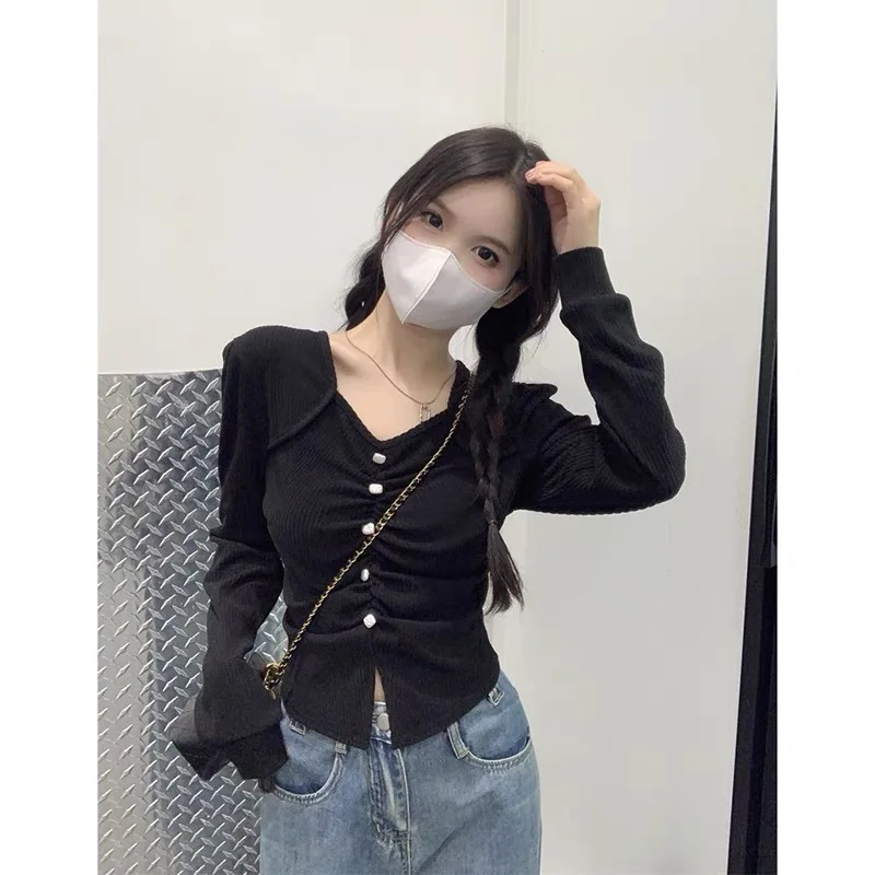 تي شيرت نسائي طويل الأكمام من القطن القوطي الأنيق مع ياقة مربعة وحواف من الدانتيل لنمط ملابس الشارع اليومية للخريف #4