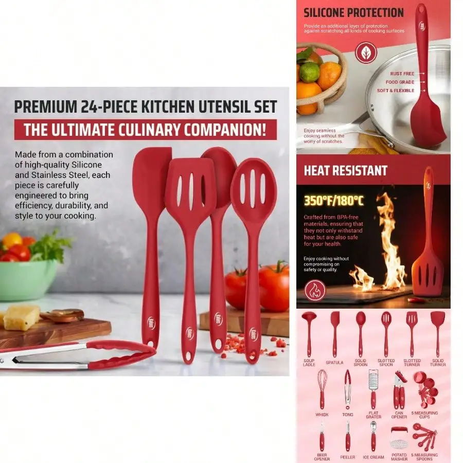 Kaluns Silicone Kitchen Utensils Set 24 Pcs Cooking Utensils Set - Can Opener, Masher, Turner, Spatula 446F Heat Resistant Non-Stick - Premium Silicone And Stainless Steel Utensil Set