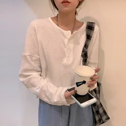 White Black Knitted Basic T-shirts Women Spring Autumn Casual O Neck Button Decor Long Sleeve All Match Top Tees Female Clothes