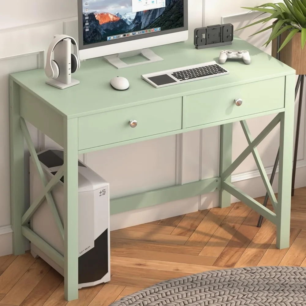 Home Office Desk with Drawers, Small Writing Computer Desk for Bedroom, Modern Green Makeup Vanity Table Desk for Girls, Study