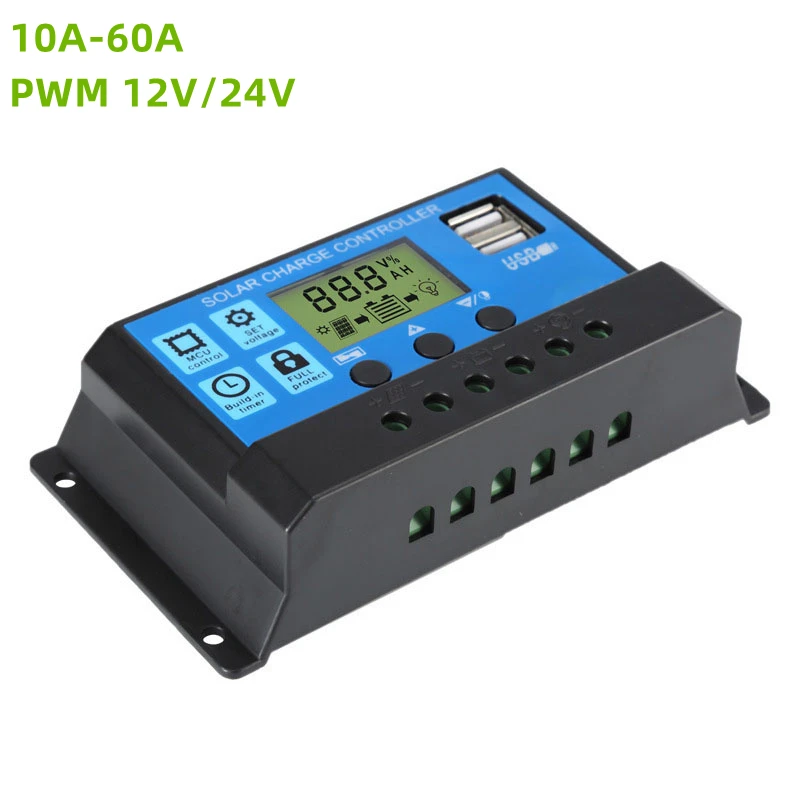 POWLSOJX 10A 20A 30A Solar Charge Controller 12V/ 24V Intelligent Regulator with 5V USB Port Timer Setting ON/Off Hours