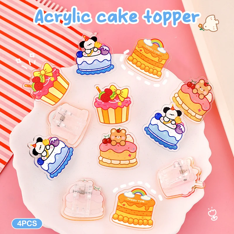 4 Stuks Acryl Kawaii Cartoon Dier Cake Geprint Clips Schattige Plakboek Clip Diy Kantoor Binding Benodigdheden