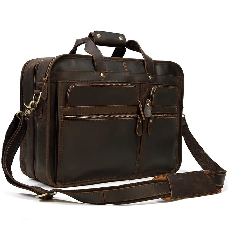 Vintage Leather Mens Briefcase With Pockets Cowhide Bag On Business Suitcase Crazy Horse Leather Laptop Bags 2019 Design