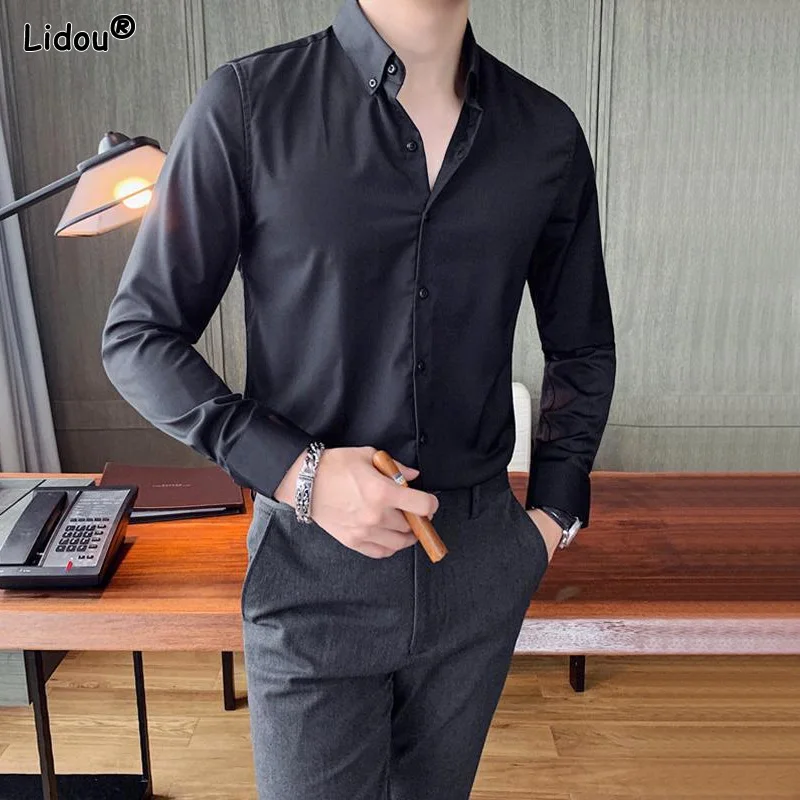 

Office Four Seasons Formal Thin Shirts Fashion Tops Casual Man Solid Temperament Button Turn-down Collar Men's Clothing 2023