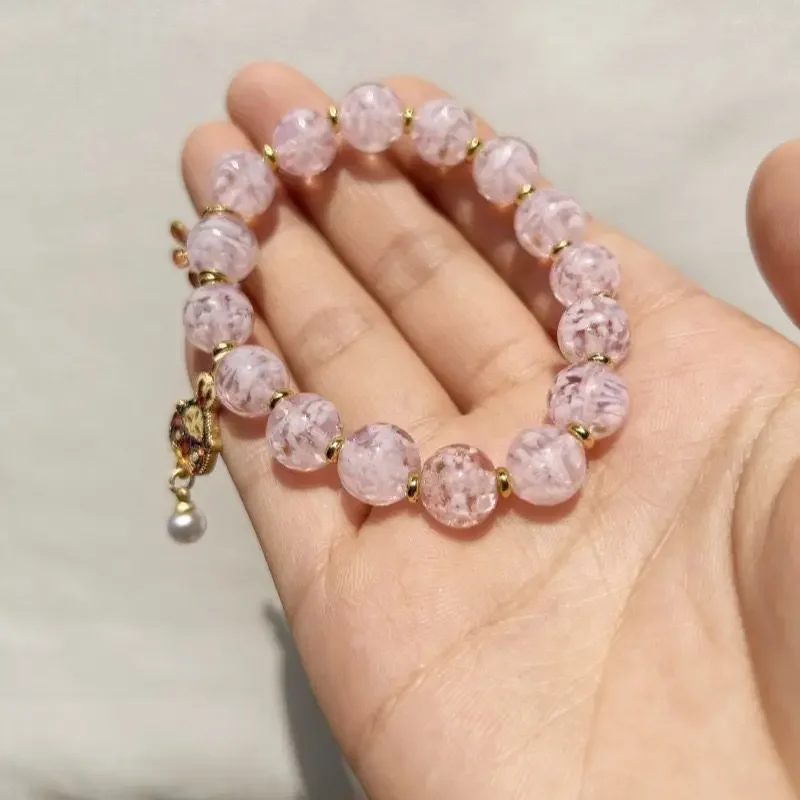 Cute Girl Cherry Blossom Glaze Pink Bracelet Temple Prayer Women Wishing Good Lucky Health Wealth Hand String Women's Jewelry