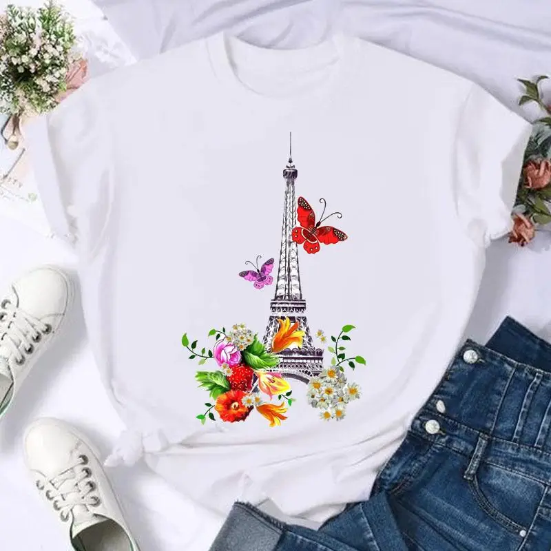 Short Sleeve Butterfly Bow Sweet Flower Fashion Summer Women Print T Shirt Female Casual Top Tshirts Cartoon Graphic Tee T-Shirt