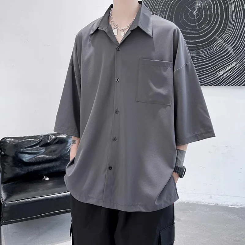 Summer Short Sleeved Shirt Men Fashion Society Mens Dress Shirt Korean Loose Casual Shirt Mens Oversized Ice Silk Shirts M-3XL