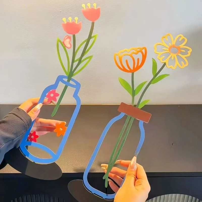 3pc Creative 2D Printed Flat Vase Wall Mount Flower Holder Home Living Room Background Wall Art Decor Ornament