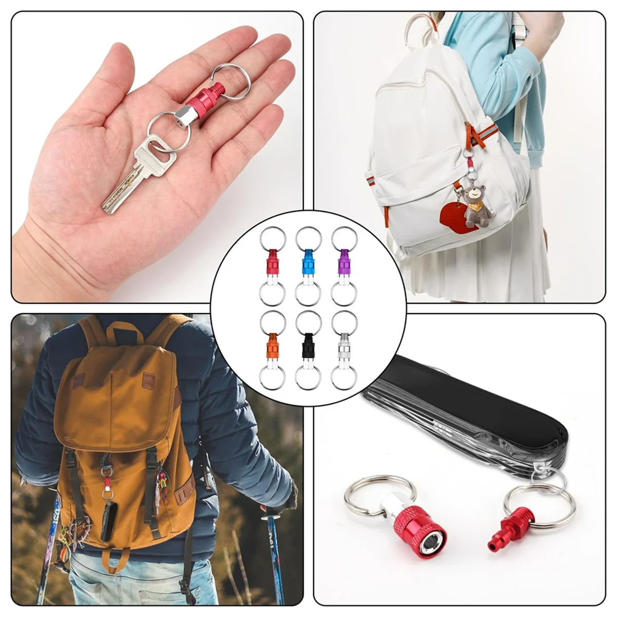 

6Pack Pull Apart Keychain,Quick Release Keychain Aluminum Keychain with 2 Split Rings Chain Separate Detachable Key Ring