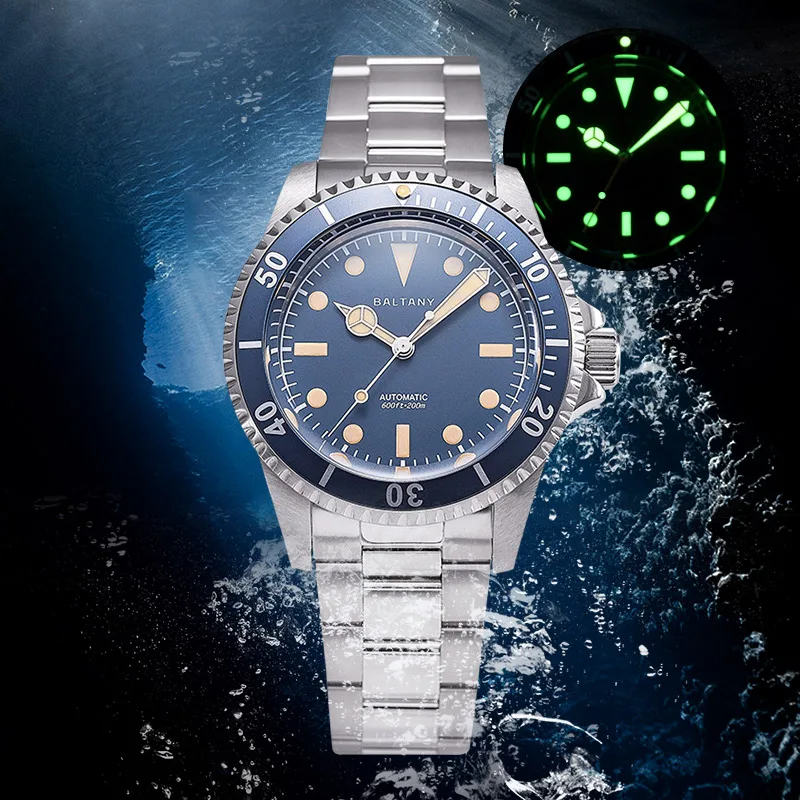 Baltany Retro Dive Watch S3043 39mm Classic Man Water Ghost Luminous Sapphire Stainless Steel Bracelet Automatic Watches