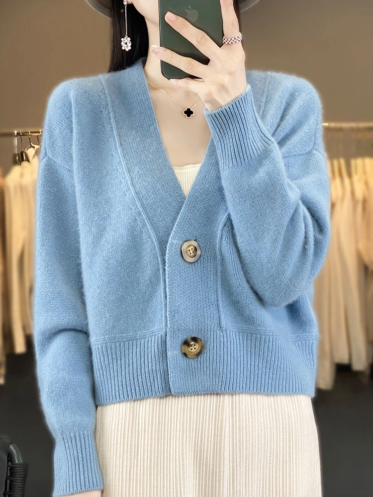 Women 100% Merino Wool Cardigan V-Neck Long Sleeve High Quality Cashmere Knitwears Autumn Winter Women\'s Sweater Vintage Tops