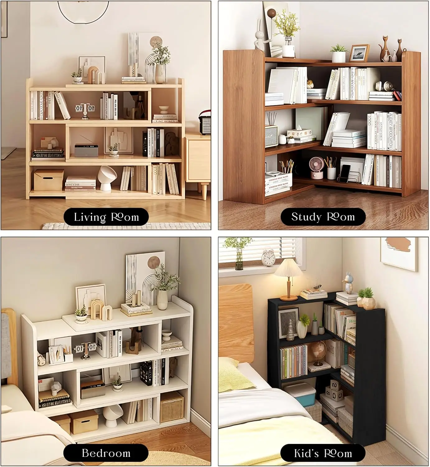 4-Tier Wooden Bookshelf, Expandable 25-47 inch Wide Bookcase, Modern Freestanding Bookcas for Small Space or Corner (Black) image 4