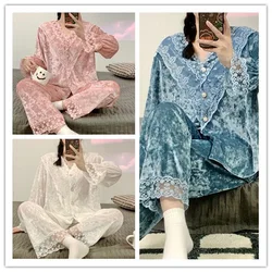 Velvet Pajamas Sleepwear Two Piece Set Autumn Winter Velour Nightwear Pijamas Suit Loose Sweet Lace Home Clothes Lounge Wear