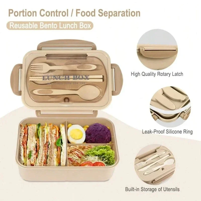 Tragbare 3-Fach-Lunchbox mit Gabel und Löffel – mikrowellengeeignete Bento-Lebensmittelaufbewahrung für Kinder, Studenten und Büropicknick
