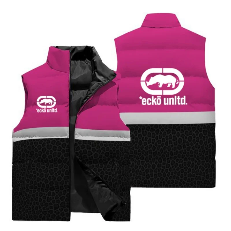 Men Leopard Print Color Block Puffer Waistcoat Ecko Unltd Rhino Print Sleeveless Jacket Zip Pockets Warm Street Hip‑hop Casual O