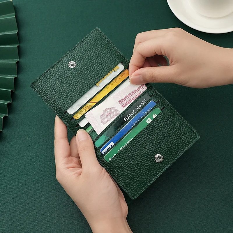 Genuine Leather Card Holder Unisex Men Women Snap Button Wallet Slim Bifold ID Case Daily Travel Compact Clutch Pack Bags
