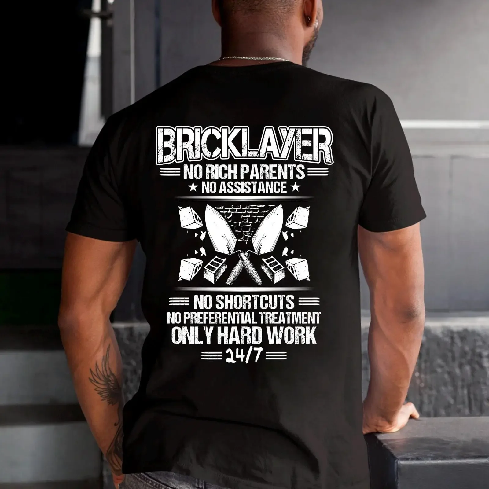 Bricklayer Hard Work Quote T Shirt Men's Black Construction Worker  vintage Washed Soft Top For Everyday Wear Slightly