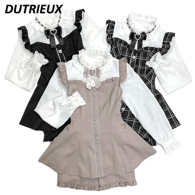 2023 Autumn New SC Suit Bowknot Slimming Ruffled Collar Japanese Sweet Princess Long Sleeve High Waist Shirt Dress Two-Piece Set