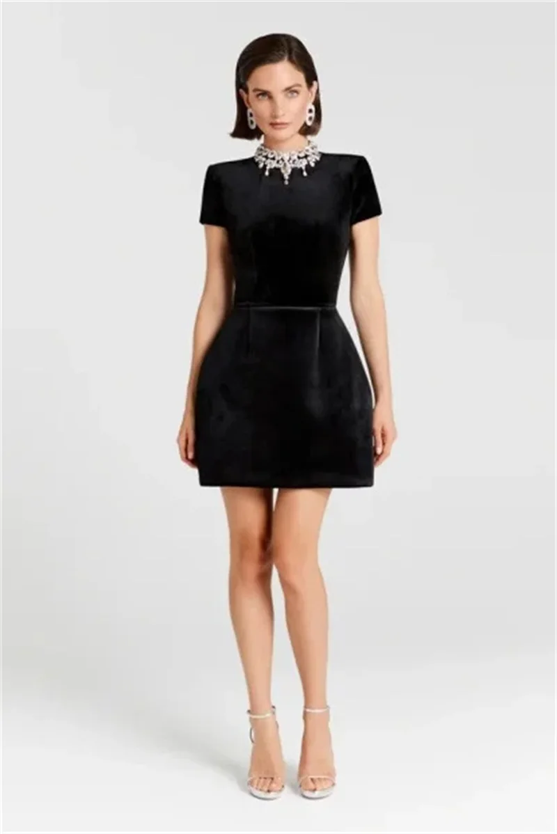 

Черное платье для выпускного вечера с кристаллами, сексуальное платье с высоким воротом и короткими рукавами, бандажное короткое мини-формальное свадебное вечернее платье, свадебное платье для банкета и вечеринки