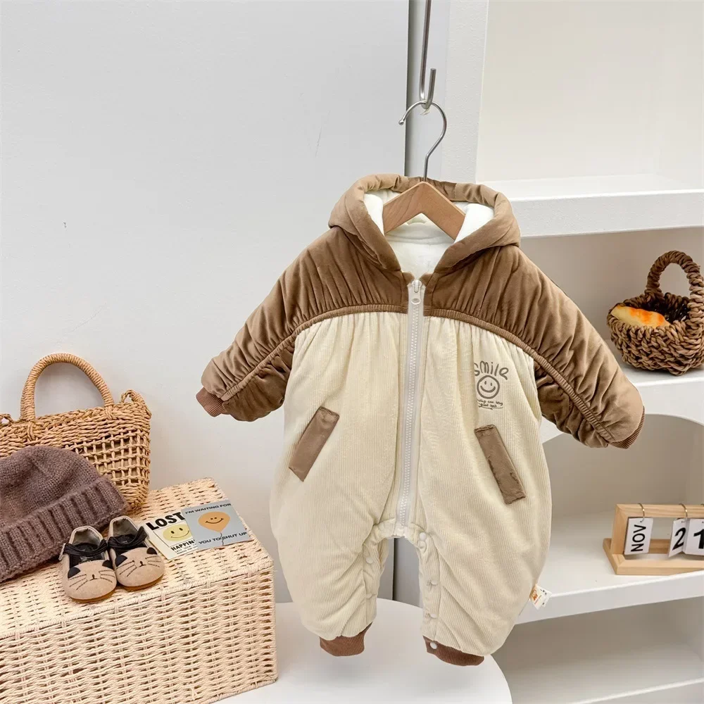 2023 Ins Winter Newborn Girls Bodysuit Cotton Padded Plus Velvet Spliced Hooded Baby Girls Rompers Toddler Girls Jumpsuit