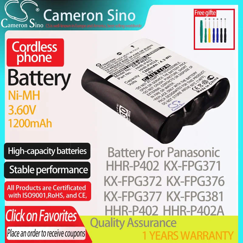 CameronSino Battery for Panasonic HHR-P402 KX-FPG371 KX-FPG372 KX-FPG376 fits Radio Shack HHR-P402 Cordless phone Battery 3.60V