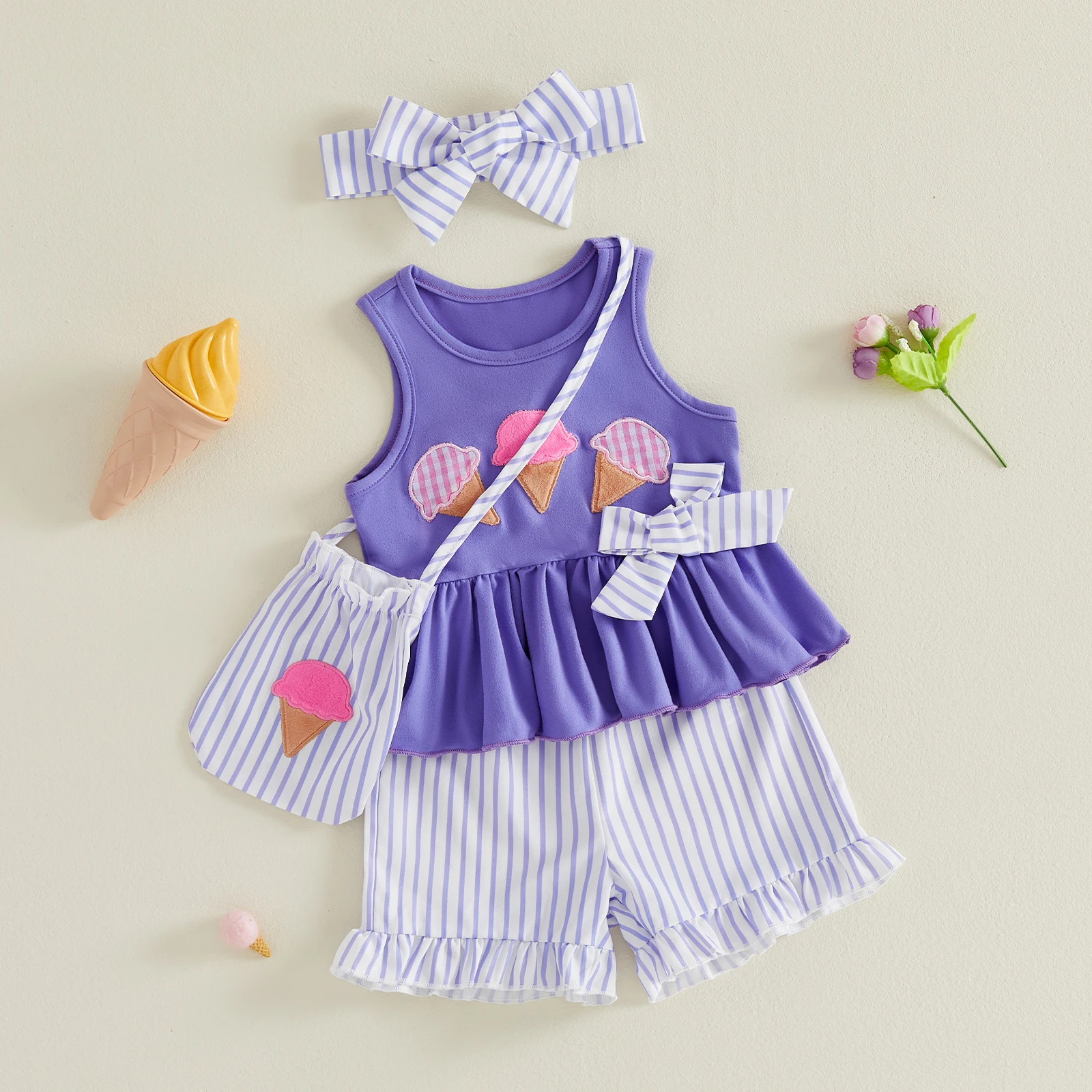 0-4Y Toddler Girls Summer Ice Cream Embroidery Bow Tank Tops and Stripe Shorts Bag Headband Costume 4 Piece Sets