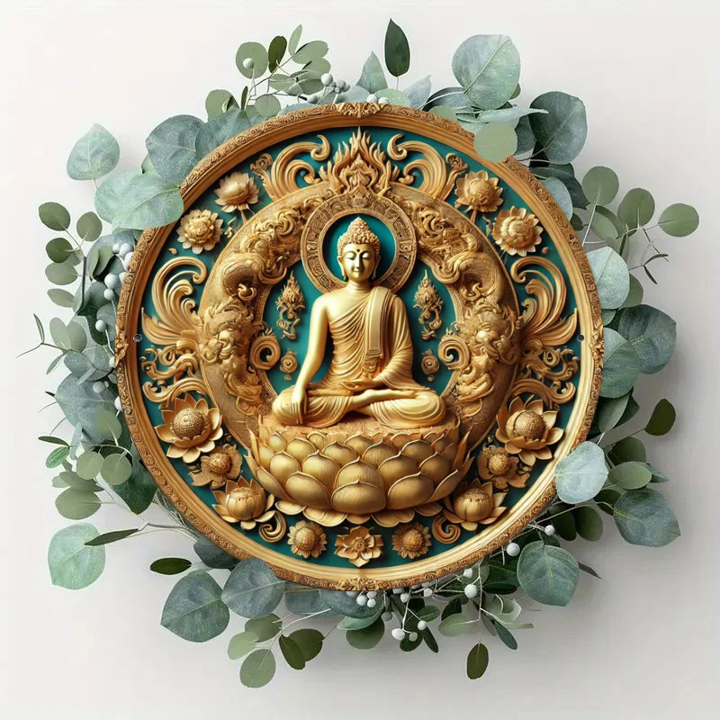 

Golden Iron Wall-Mounted Lotus Pedestal Buddha Statue, Auspicious Home and Room Decor, No Electricity Required