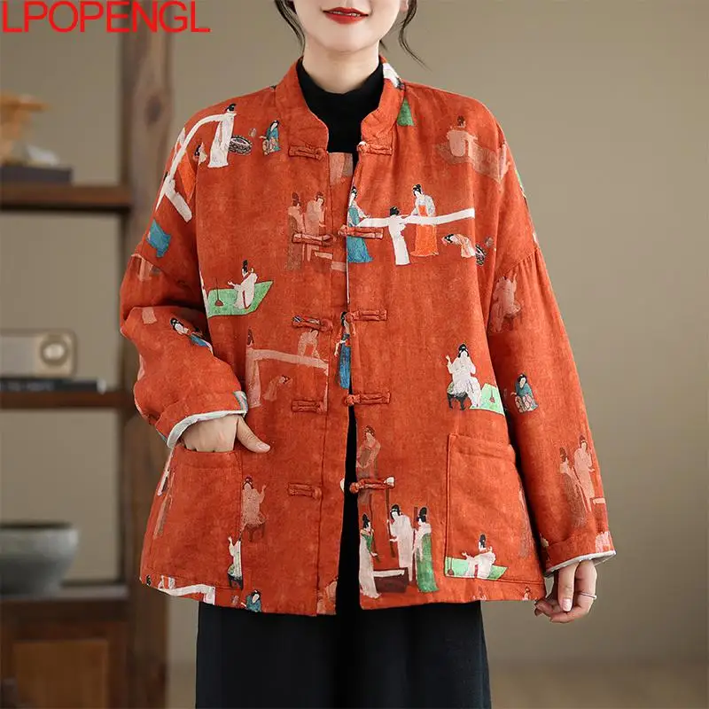 New Chinese Style Retro Printed Jacket Women\'s Winter Thickened Warm Long Sleeves Single Breasted Wide-waisted Cotton Clothes