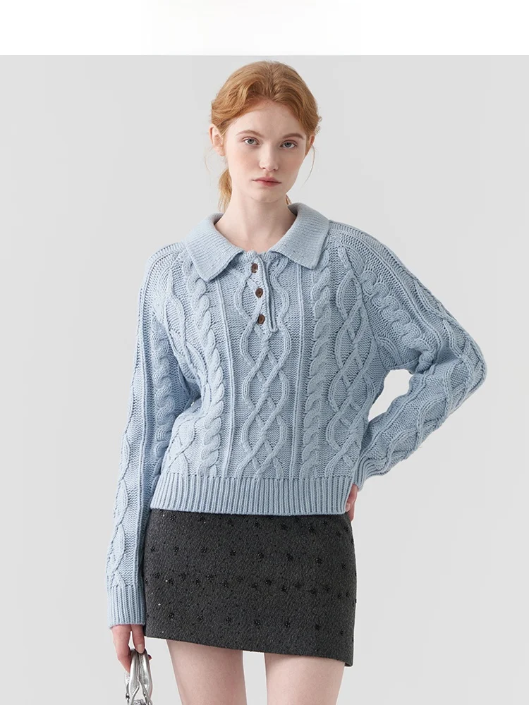 

Retro JiuJiu Miu Sle Twist Knit Sweater Women's Winter Faionable Collared Knitted Outerwear Soft Acrylic Long Sve