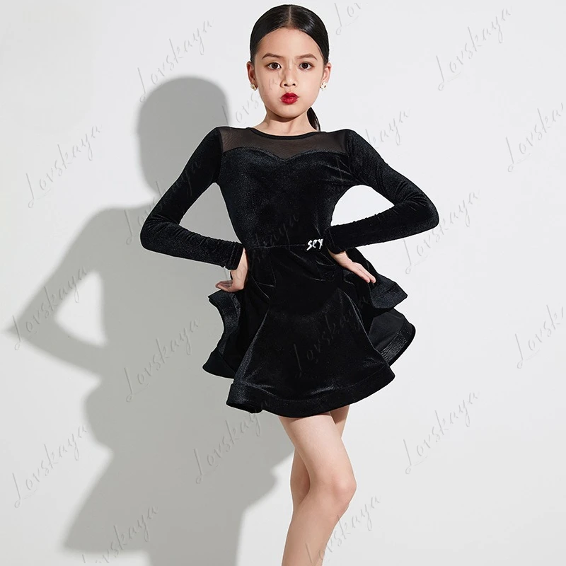 Lateinischer Tanz-Trainingsanzug für Kinder, professionelles Performance-Outfit mit breitem Rock für Mädchen, hochwertiger neuer Herbst-Winter-Stil