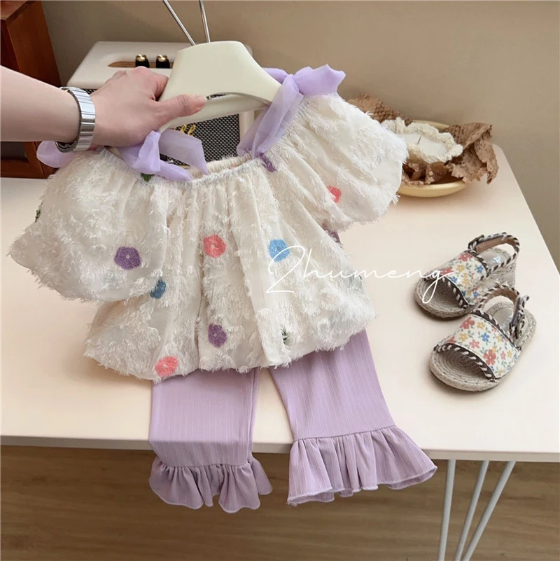 

Cute Kids Girls 2Pcs Pants Set Floral Appliques Short Sleeve Tops Shirt+High Waist Purple Flare Trousers 1-5Y Children Clothes