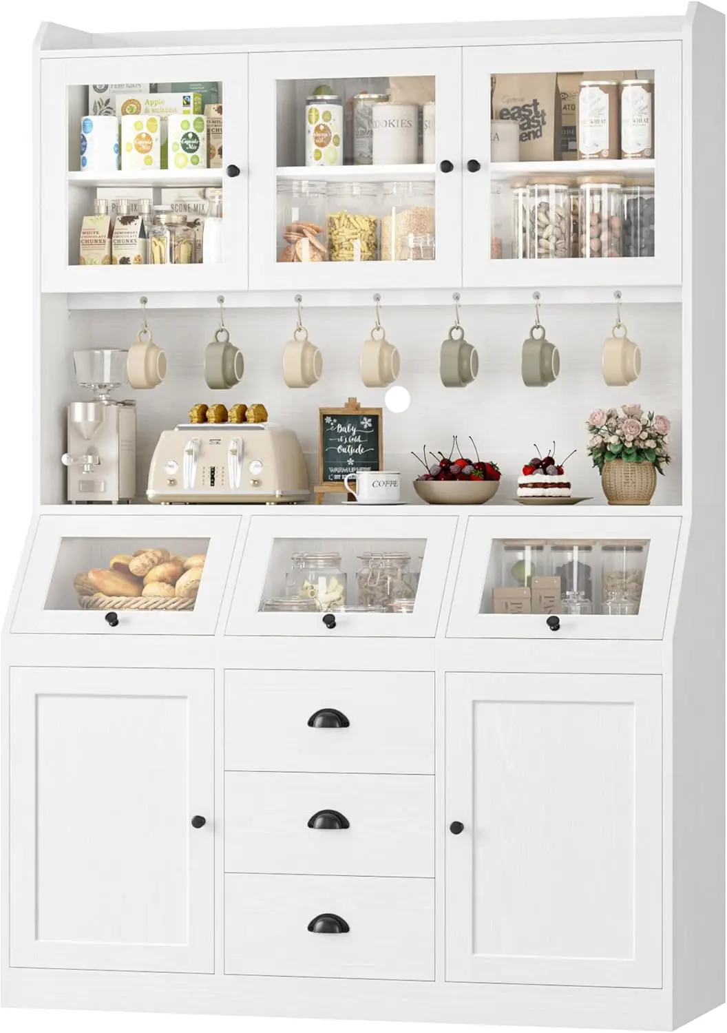 Farmhouse Kitchen Hutch Cabinet in White, Glass Doors & Metal Hooks, Bread Storage
