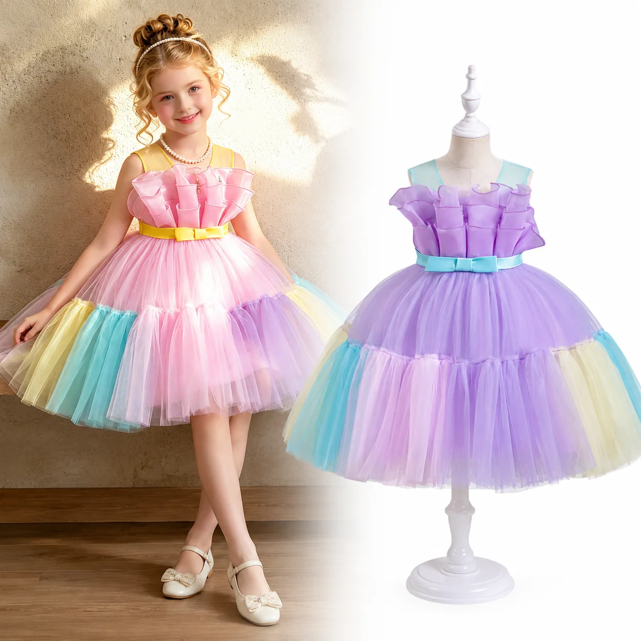 Rainbow Girl Princess Dress Mesh Ball Gown Tulle Party Dress Puffy Birthday Outift Unicorn Toddler Formal Kids Clothes 2-10Y