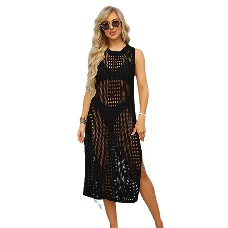 Robe de plage en maille européenne et américaine pour femmes, sexy, à découpes, col rond, bikini, 2022
