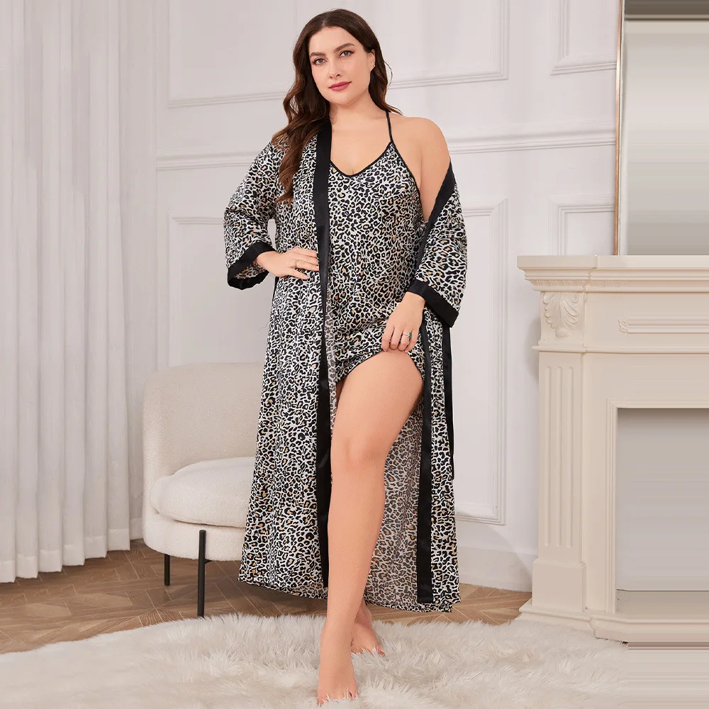 Loose Casual Silk Satin Home Wear Women Plus Size 5XL Sleepwear Minimalist Printed Nighty&Robe Set Spring Summer Long Bathrobe