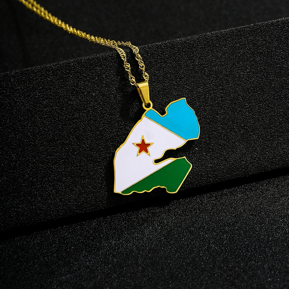 African Djibouti Map Flag Pendant Necklace Stainless Steel Men Women جمهوريه جيبوتي‎ Maps Jewelry Gift