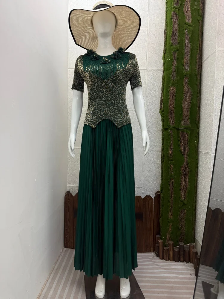 

Miyake Niche Gold Foil Printed Design Pleated Women's High Waist 2 Pieces Sets 2025 New Short Sleeve Top + A-line Long Skirt
