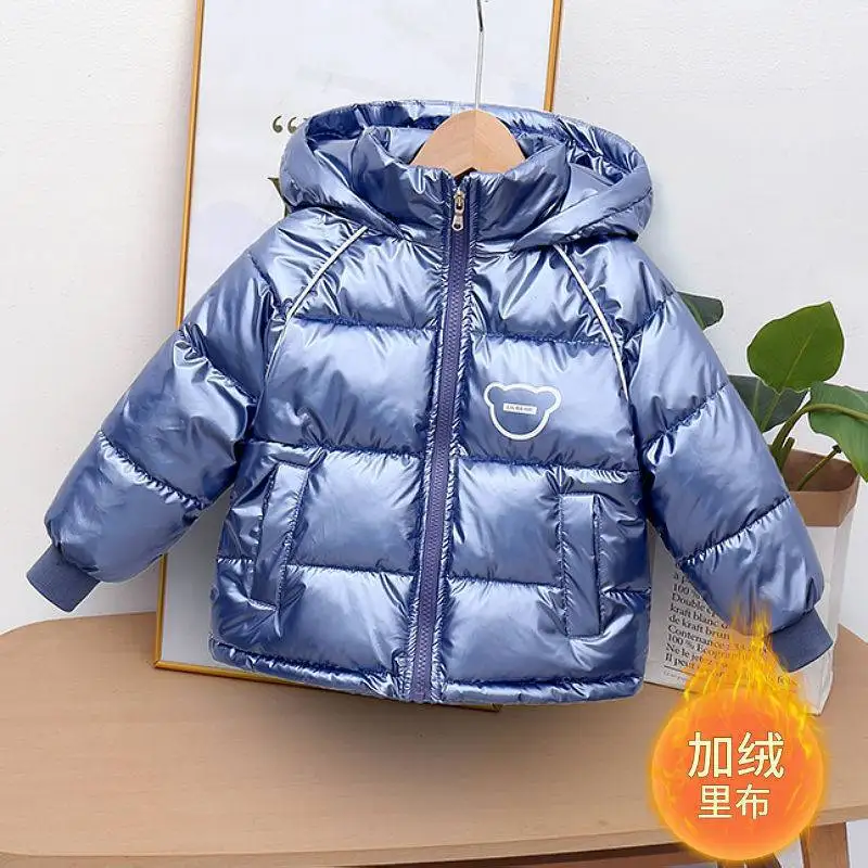 Winter New Boys Girls Thick Jacket Cartoon Bear Glossy Antifouling Lining Plus Velvet Keep Warm Hooded Snowsuit For 2-6 Years