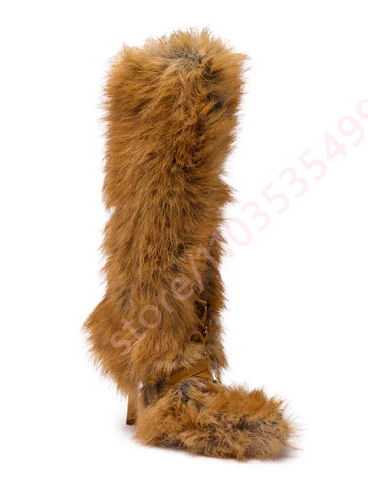 2025 Brown Fur Strap Snow Boots Winter New Fashion Ladies Sexy Party Stiletto Stage Boots Model Catwalk Furry Knee-High Boots view 3