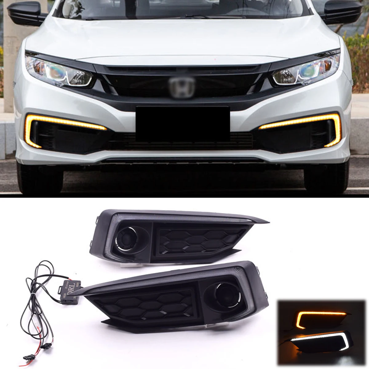 

Для Honda Civic 2019 2020 светодиодные DRL дневные ходовые огни противотуманные фары с указателем поворота, Стайлинг автомобиля, белый, янтарный