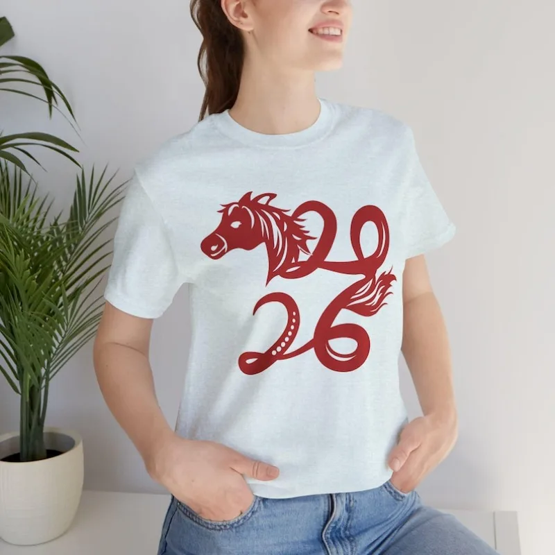 Year of The Horse 2026 T-Shirt | Lunar New Year Zodiac Crew Neck Short Sleeve Cotton Top All Seasons Casual Soft Comfortable Tee