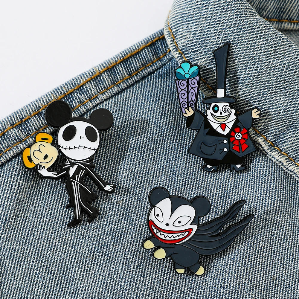 Broche de dibujos animados de pesadilla antes de Navidad, insignia de Metal, Pin de Mickey, esqueleto creativo, accesorios de joyería, regalo de Halloween, 3 piezas