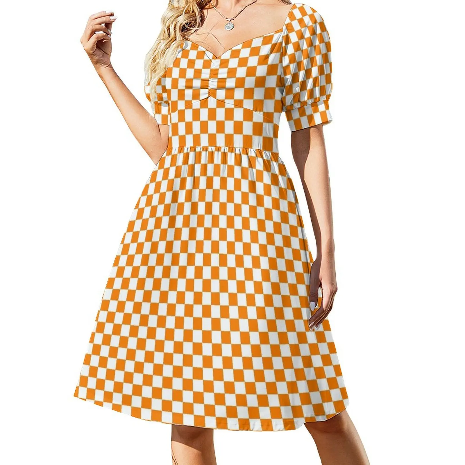 

Orange and White Checkerboard Short Sleeved Dress clothes women's summer jumpsuit Dress